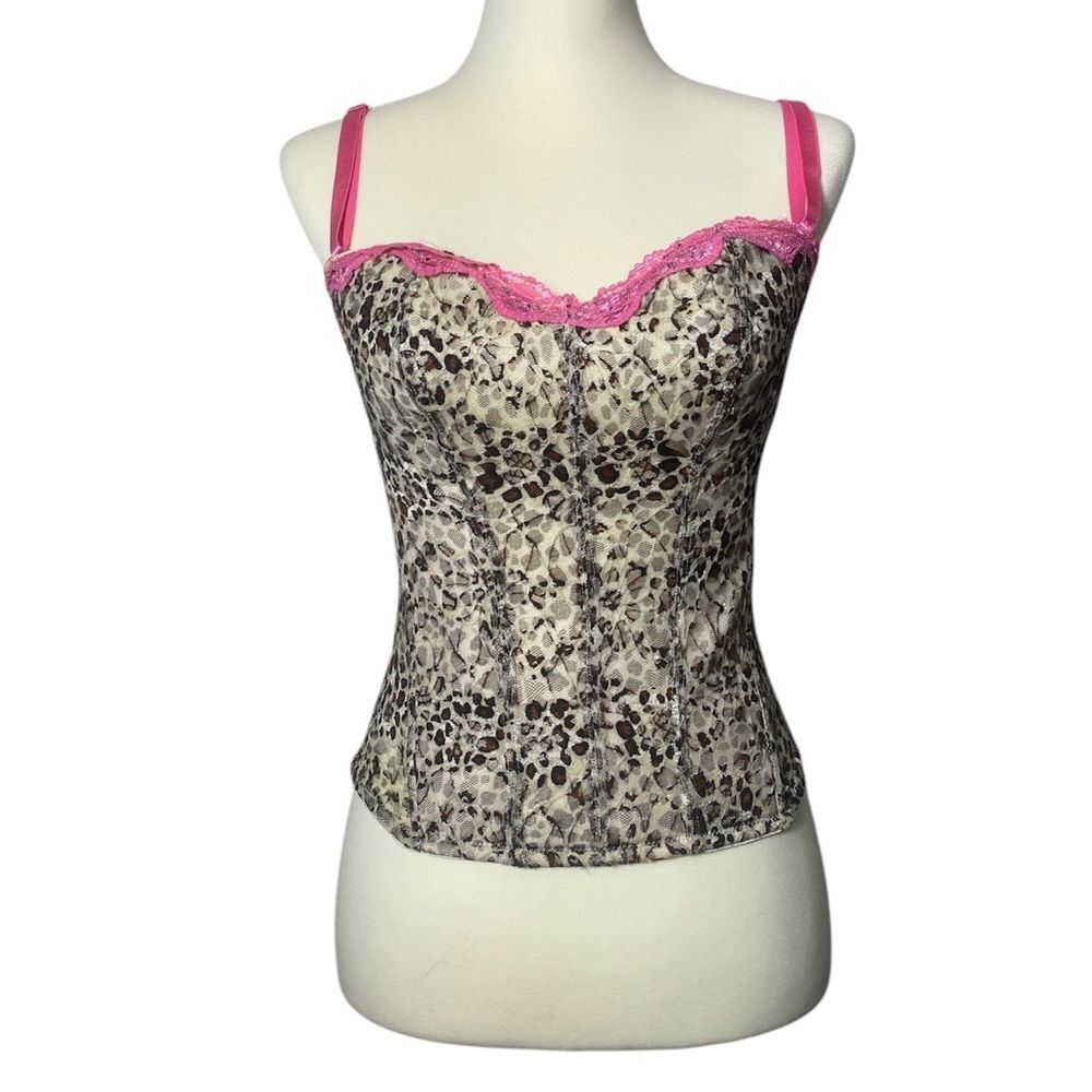 Women's Flirty Hot Pink Lace & Animal Print Coquette Corset Size Large